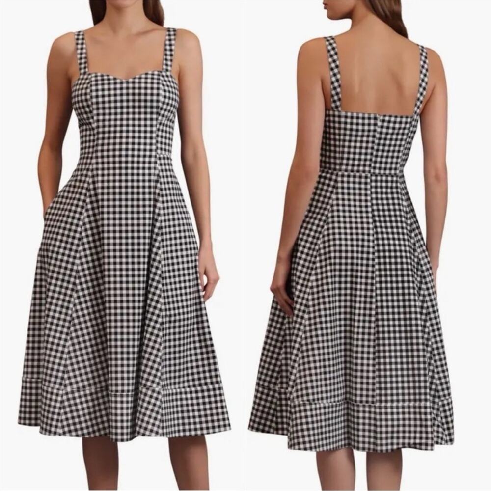 New Avec Les Filles Black/White Gingham Sleeveless Sweetheart Midi Dress 12 NWT